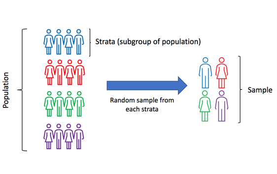 Strata of population are identified, then random sample from each strata is selected to create research sample.